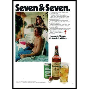 1974 Seagram's Whiskey Seven & Seven 7-UP Vintage Print Ad Blonde Porch Wall Art